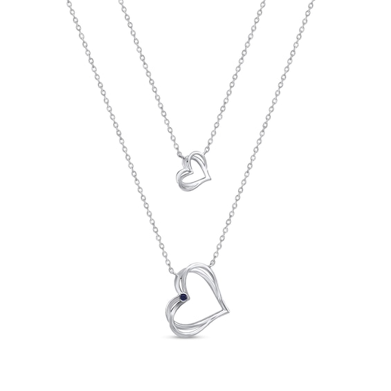 1/5 CT. T.w. Diamond and Blue Sapphire Double-Heart Layered Necklace in 10K White Gold
