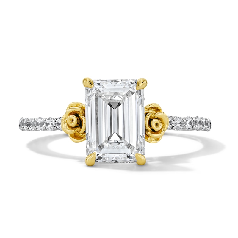 Main Image 1 of Enchanted Disney Belle 2-1/2 CT. T.W. Emerald-Cut Certified Lab-Grown Diamond Engagement Ring in 14K Two-Tone Gold (F/VS2)