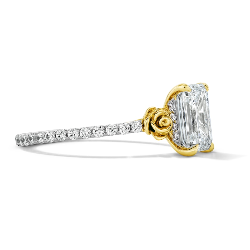 Main Image 4 of Enchanted Disney Belle 2-1/2 CT. T.W. Emerald-Cut Certified Lab-Grown Diamond Engagement Ring in 14K Two-Tone Gold (F/VS2)