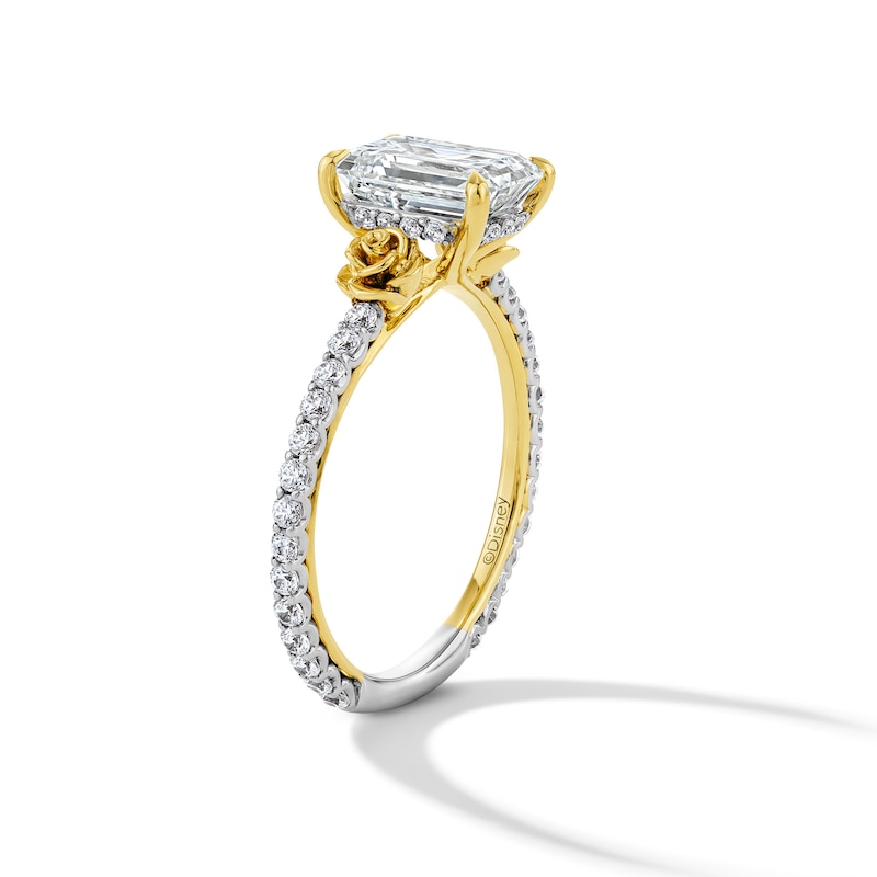 Main Image 5 of Enchanted Disney Belle 2-1/2 CT. T.W. Emerald-Cut Certified Lab-Grown Diamond Engagement Ring in 14K Two-Tone Gold (F/VS2)