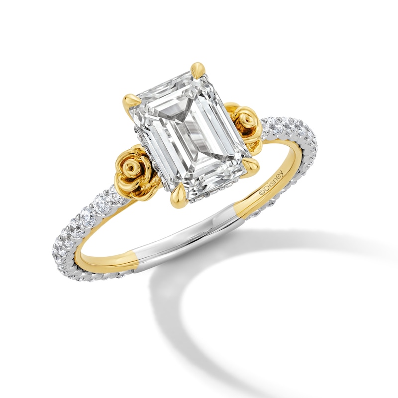 Main Image 6 of Enchanted Disney Belle 2-1/2 CT. T.W. Emerald-Cut Certified Lab-Grown Diamond Engagement Ring in 14K Two-Tone Gold (F/VS2)