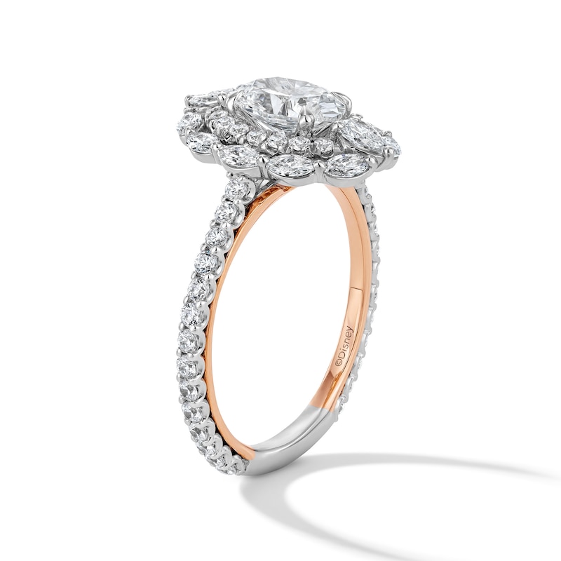 Main Image 5 of Enchanted Disney Aurora 2-1/4 CT. T.W. Oval Certified Lab-Grown Diamond Frame Ring in 14K Two-Tone Gold (F/VS2)