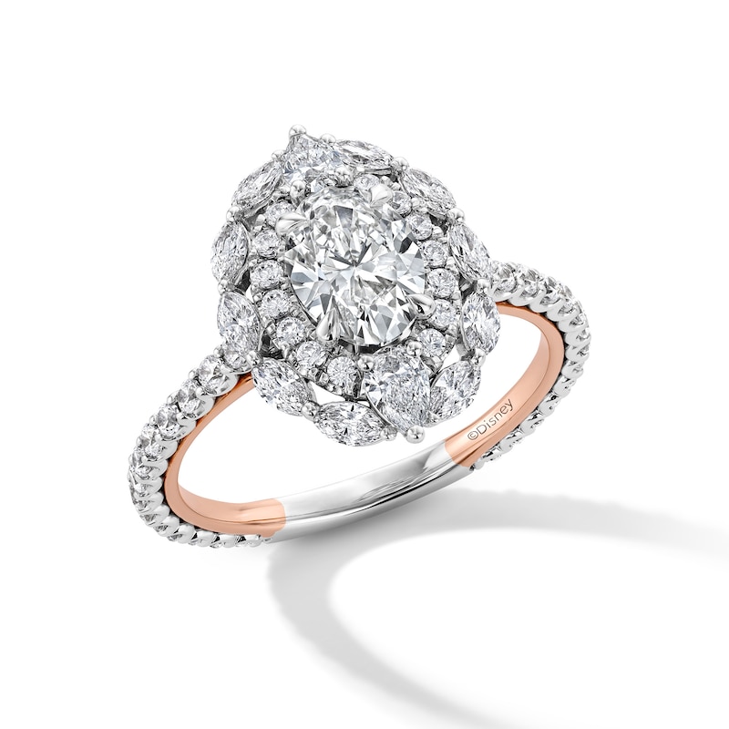 Main Image 6 of Enchanted Disney Aurora 2-1/4 CT. T.W. Oval Certified Lab-Grown Diamond Frame Ring in 14K Two-Tone Gold (F/VS2)