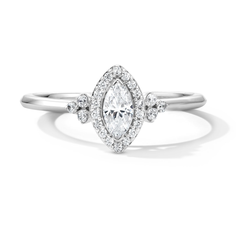 Main Image 1 of 1/3 CT. T.W. Marquise-Cut Certified Lab-Grown Diamond Frame Promise Ring in 10K White Gold (F/SI2)