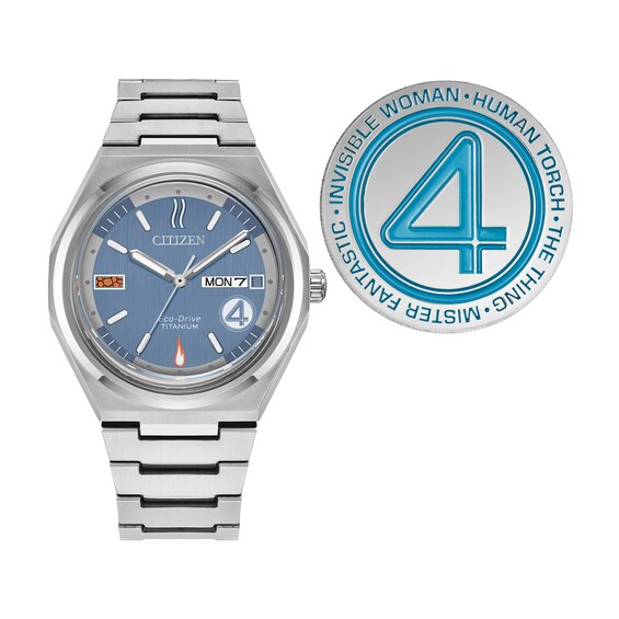 Menâs Citizen Eco-DriveÂ® Marvel The Fantastic 4 Super Titaniumâ¢ Watch with Blue Dial (Model: Aw0131-66W)