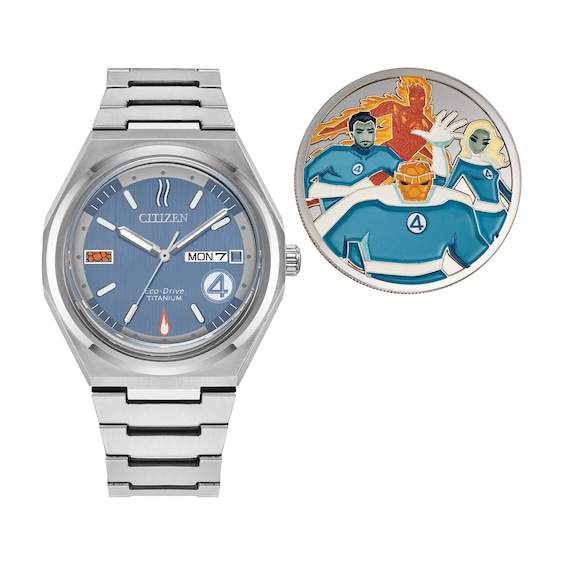 Menâs Citizen Eco-DriveÂ® Marvel The Fantastic 4 Super Titaniumâ¢ Watch with Blue Dial (Model: Aw0131-66W)
