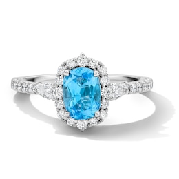 Enchanted Disney Belle Cushion-Cut Blue Topaz and 1/2 CT. T.W. Diamond Frame Ring in 14K White Gold