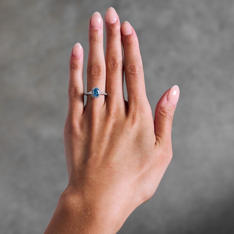 Main Image 2 of Enchanted Disney Belle Cushion-Cut Blue Topaz and 1/2 CT. T.W. Diamond Frame Ring in 14K White Gold