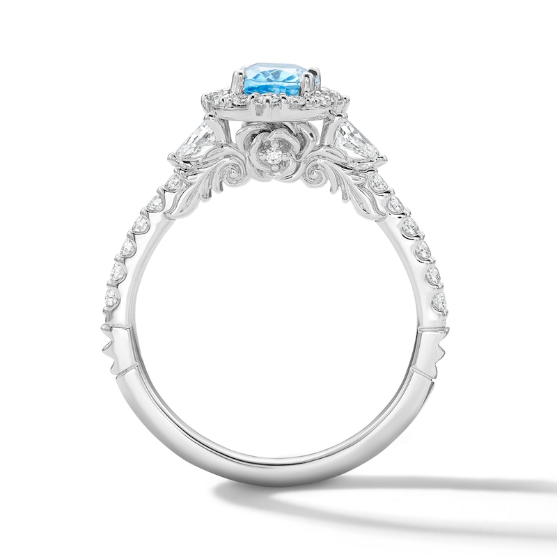 Main Image 3 of Enchanted Disney Belle Cushion-Cut Blue Topaz and 1/2 CT. T.W. Diamond Frame Ring in 14K White Gold