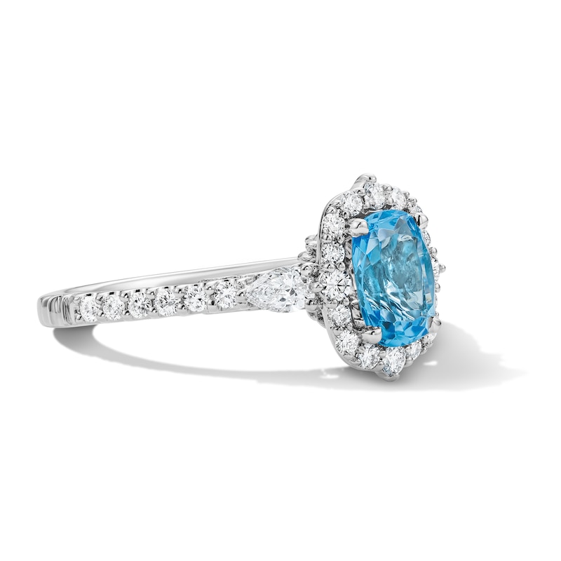 Main Image 4 of Enchanted Disney Belle Cushion-Cut Blue Topaz and 1/2 CT. T.W. Diamond Frame Ring in 14K White Gold