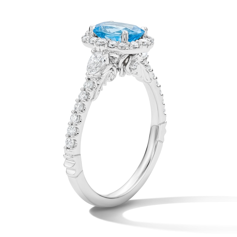 Main Image 5 of Enchanted Disney Belle Cushion-Cut Blue Topaz and 1/2 CT. T.W. Diamond Frame Ring in 14K White Gold