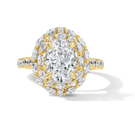 3 CT. T.w. Oval Certified Lab-Grown Diamond Double-Frame Engagement Ring in 14K Gold (F/Vs2)