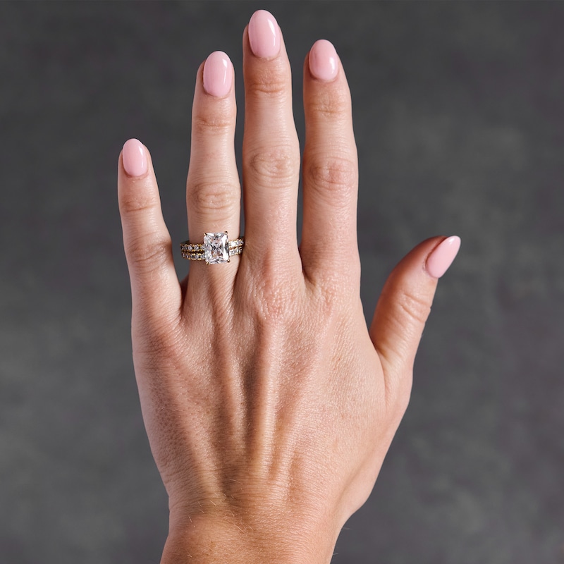 Main Image 2 of 4-1/3 CT. T.W. Radiant-Cut Certified Lab-Grown Diamond Hidden Frame Bridal Set in 14K Gold (F/VS2)