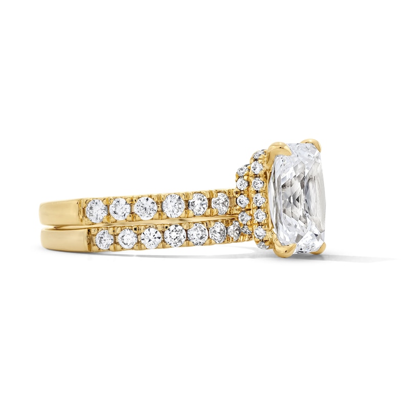 Main Image 3 of 4-1/3 CT. T.W. Radiant-Cut Certified Lab-Grown Diamond Hidden Frame Bridal Set in 14K Gold (F/VS2)