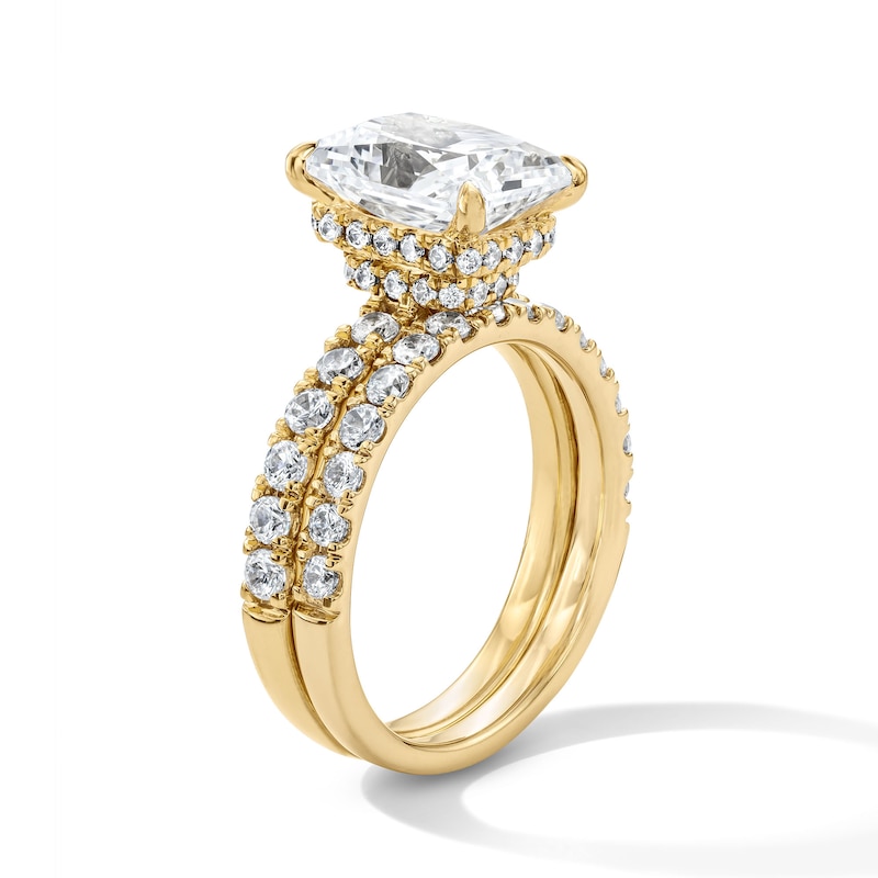 Main Image 4 of 4-1/3 CT. T.W. Radiant-Cut Certified Lab-Grown Diamond Hidden Frame Bridal Set in 14K Gold (F/VS2)
