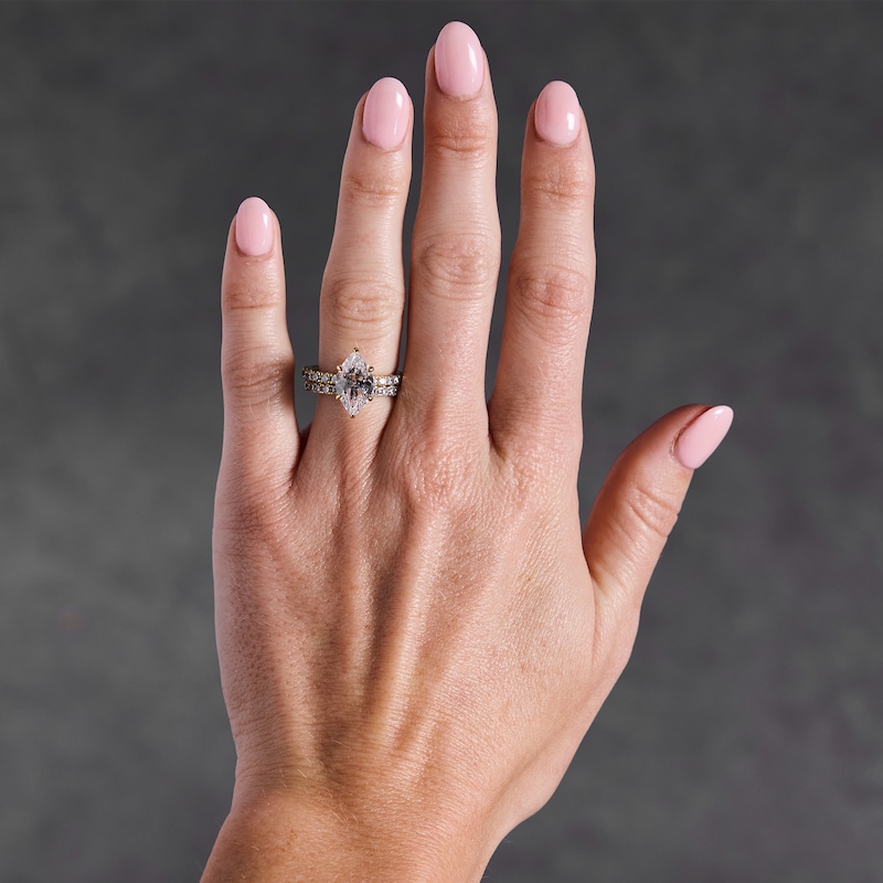 Main Image 2 of 4-1/3 CT. T.W. Marquise-Cut Certified Lab-Grown Diamond Hidden Frame Bridal Set in 14K Gold (F/VS2)