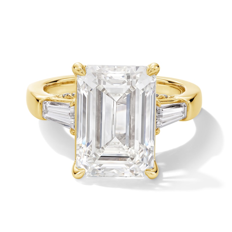 Main Image 1 of 8-3/4 CT. T.W. Emerald-Cut Certified Lab-Grown Diamond Three-Stone Engagement Ring in 14K Gold (F/VS2)