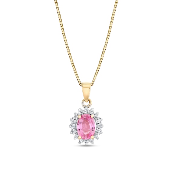 Oval Pink Sapphire and 1/5 CT. T.W. Diamond Starburst Frame Pendant in 10K Gold