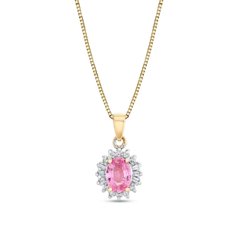 Main Image 1 of Oval Pink Sapphire and 1/5 CT. T.W. Diamond Starburst Frame Pendant in 10K Gold