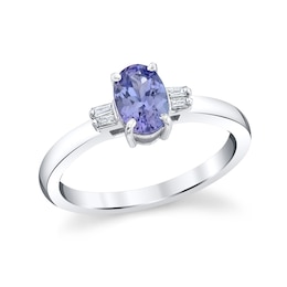 Oval Tanzanite and 1/20 CT. T.W. Baguette-Cut Diamond Fashion Ring in 10K White Gold