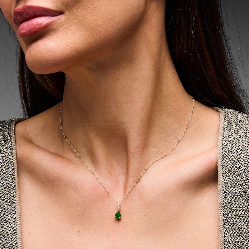 Main Image 2 of Pear-Shaped Emerald and Lab-Grown Diamond Accent Pendant in 10K Gold (F/VS2)
