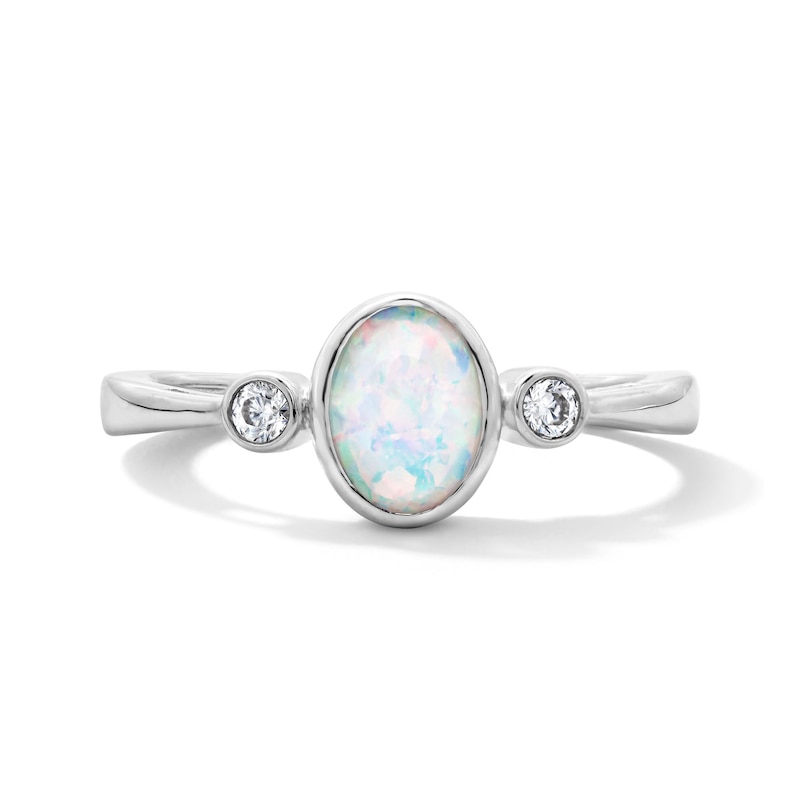 Main Image 1 of Oval Lab-Created Opal and 1/15 CT. T.W. Lab-Grown Diamond Ring in Sterling Silver (F/VS2)