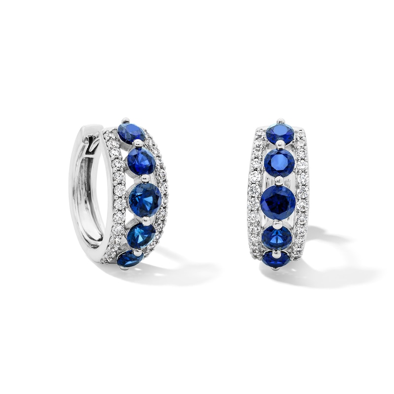 Main Image 1 of Blue Lab-Created Sapphire and 3/8 CT. T.W. Lab-Grown Diamond Hoop Earrings in Sterling Silver (F/VS2)