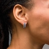 Thumbnail Image 2 of Blue Lab-Created Sapphire and 3/8 CT. T.W. Lab-Grown Diamond Hoop Earrings in Sterling Silver (F/VS2)