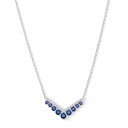 Blue Lab-Created Sapphire and 1/6 CT. T.W. Lab-Grown Diamond Chevron Bar Necklace in Sterling Silver (F/VS2) - 18"