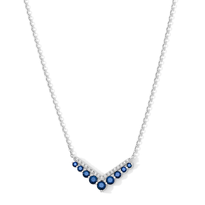 Main Image 1 of Blue Lab-Created Sapphire and 1/6 CT. T.W. Lab-Grown Diamond Chevron Bar Necklace in Sterling Silver (F/VS2) - 18"