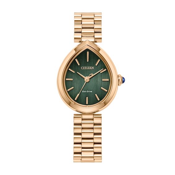 Ladiesâ Citizen Eco-DriveÂ® Rainell Rose Gold-Tone IP Analog Watch with Green Dial (Model: Em1203-57X)