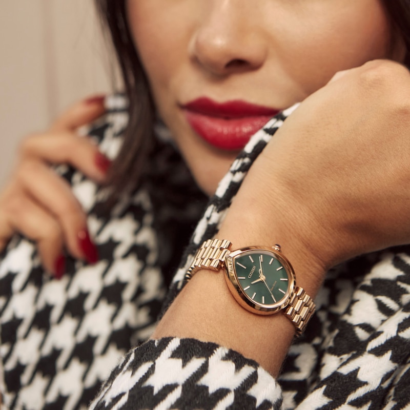 Main Image 3 of Ladies’ Citizen Eco-Drive® Rainell Rose Gold-Tone IP Analog Watch with Green Dial (Model: EM1203-57X)
