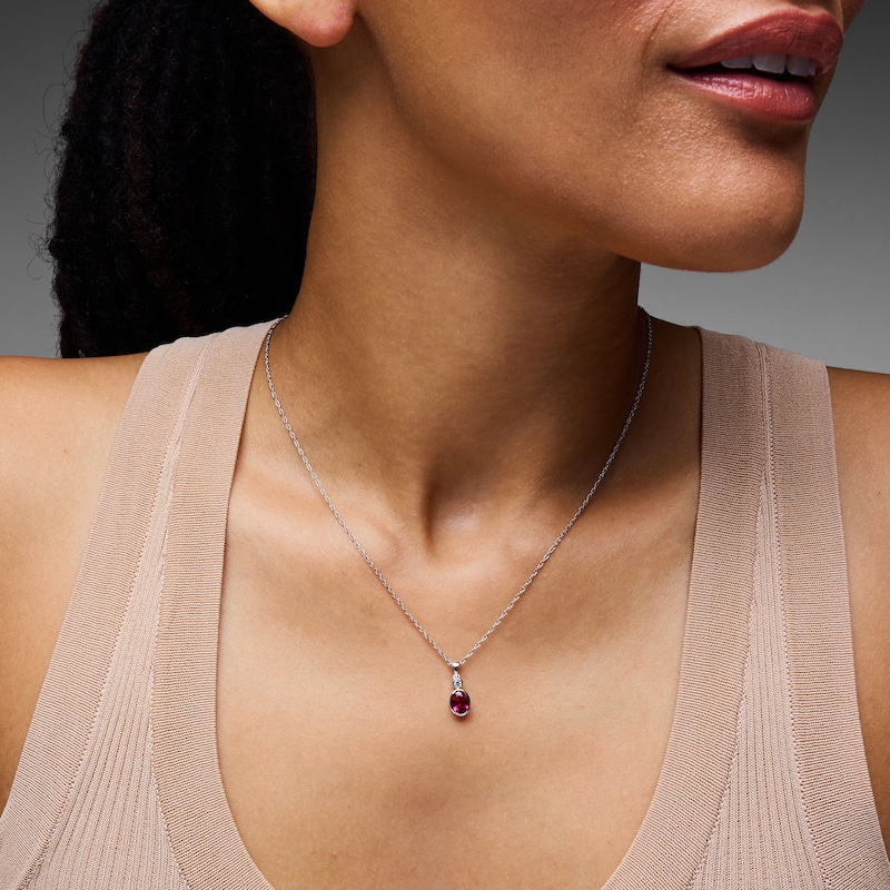 Main Image 2 of Oval Lab-Created Ruby and Lab-Grown Diamond Accent Pendant in Sterling Silver (F/VS2)