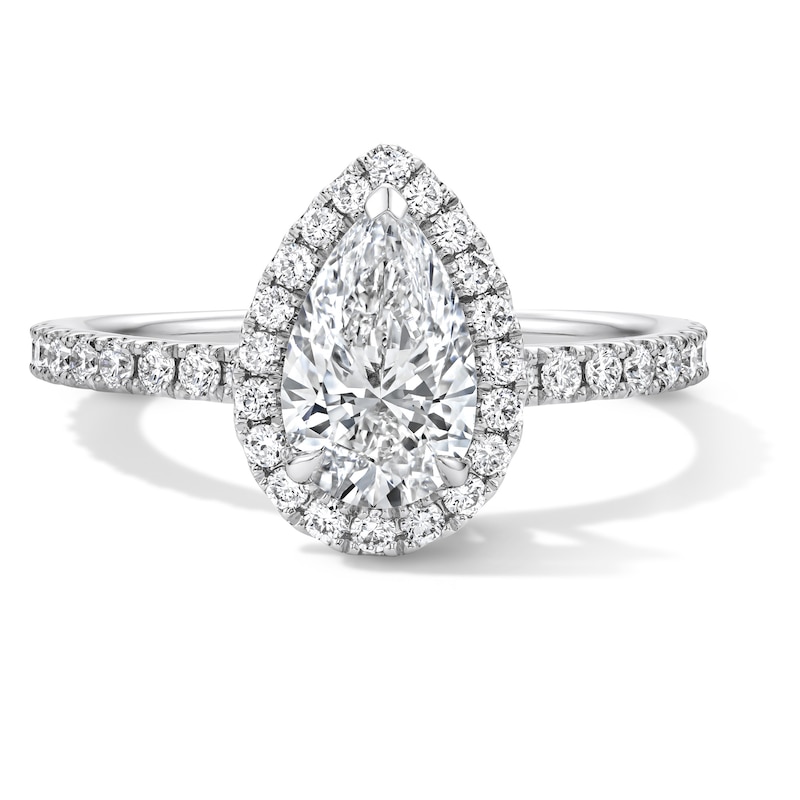 Main Image 1 of 1-1/2 CT. T.W. Pear-Shaped Certified Lab-Grown Diamond Frame Engagement Ring in Platinum (D/IF)
