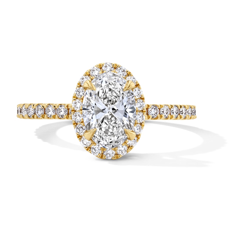 Main Image 1 of 1-1/2 CT. T.W. Oval Certified Lab-Grown Diamond Frame Engagement Ring in 18K Gold (D/IF)