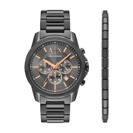Men's Armani Exchange Gunmetal Gray Chronograph Watch with Gray Dial and Hematite Bracelet Set (Model: AX7170SET)