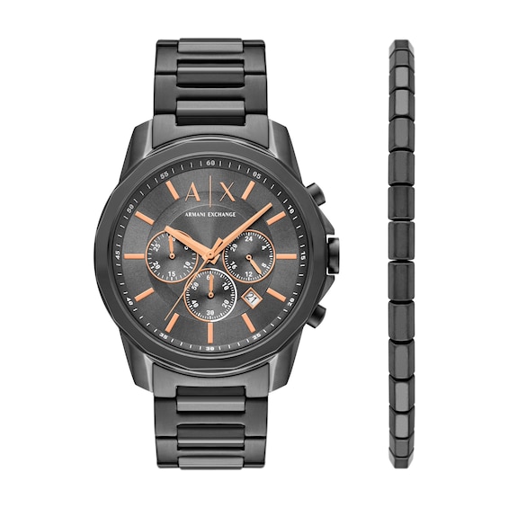 Men's Armani Exchange Gunmetal Gray Chronograph Watch with Gray Dial and Hematite Bracelet Set (Model: Ax7170Set)