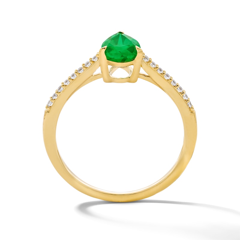 Main Image 2 of Pear-Shaped Emerald and 1/10 CT. T.W. Lab-Grown Diamond Ring in 10K Gold (F/VS2)