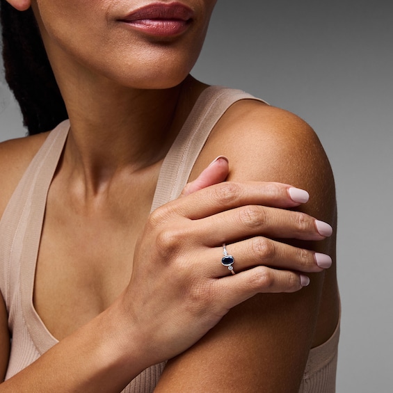 Oval Blue Lab-Created Sapphire and 1/15 CT. T.w. Lab-Grown Diamond Ring in Sterling Silver (F/Vs2)