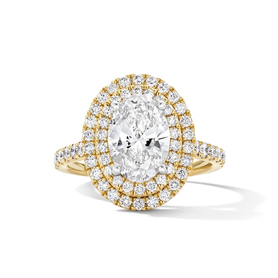 3 CT. T.w. Oval Certified Lab-Grown Diamond Double Frame Engagement Ring in 14K Gold (F/Vs2)