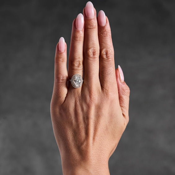 3 CT. T.w. Oval Certified Lab-Grown Diamond Double Frame Engagement Ring in 14K Gold (F/Vs2)
