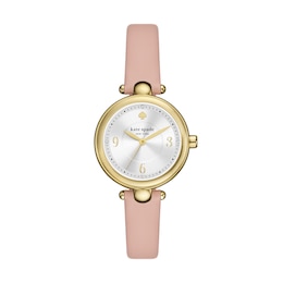 Ladies' Kate Spade Gracie Gold-Tone IP Analog Watch with Silver-Tone Dial and Pink Leather Strap (Model: KSW1868)
