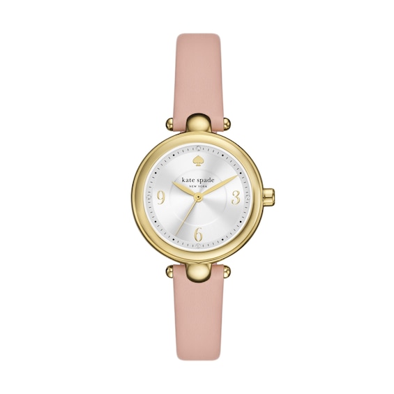 Ladies' Kate Spade Gracie Gold-Tone IP Analog Watch with Silver-Tone Dial and Pink Leather Strap (Model: Ksw1868)