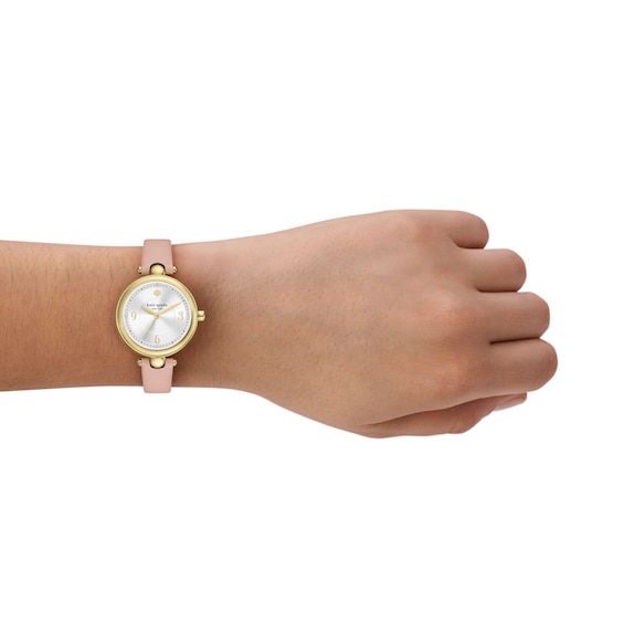 Ladies' Kate Spade Gracie Gold-Tone IP Analog Watch with Silver-Tone Dial and Pink Leather Strap (Model: Ksw1868)