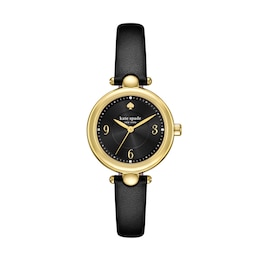 Ladies' Kate Spade Gracie Gold-Tone IP Analog Watch with Black Dial and Black Leather Strap (Model: KSW1869)