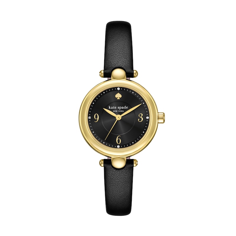 Main Image 1 of Ladies' Kate Spade Gracie Gold-Tone IP Analog Watch with Black Dial and Black Leather Strap (Model: KSW1869)