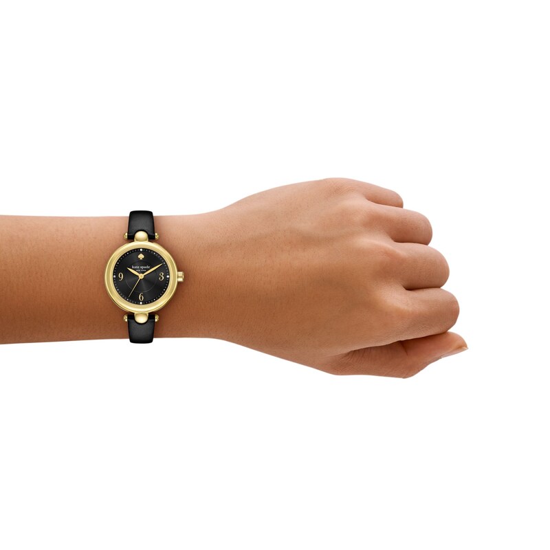 Main Image 2 of Ladies' Kate Spade Gracie Gold-Tone IP Analog Watch with Black Dial and Black Leather Strap (Model: KSW1869)