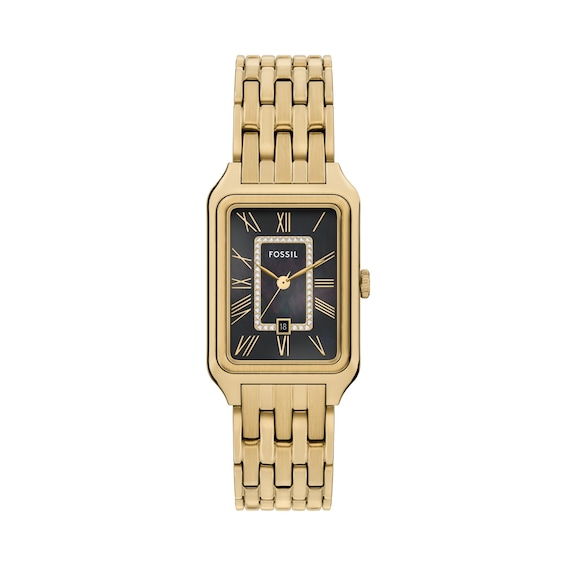 Ladies' Fossil Raquel Crystal Accent Gold-Tone IP Watch with Rectangle Black Dial (Model: Es5417)