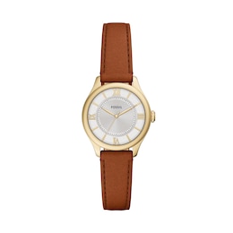 Ladies' Fossil Gilmore Gold-Tone IP Watch with Silver-Tone Dial and Brown Leather Strap (Model: ES5423)