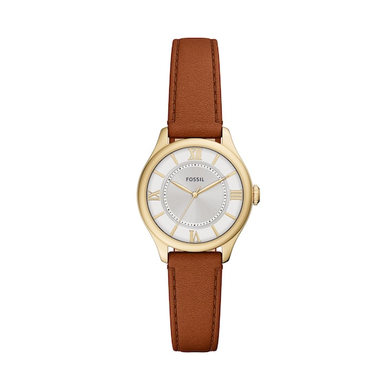 Ladies' Fossil Gilmore Gold-Tone IP Watch with Silver-Tone Dial and Brown Leather Strap (Model: Es5423)